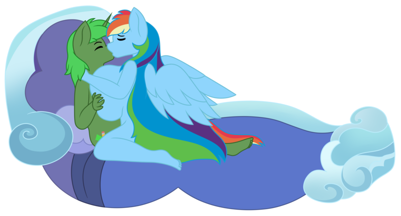 Size: 4735x2558 | Tagged: suggestive, artist:midnightamber, derpibooru import, rainbow dash, oc, oc:green thunder, alicorn, anthro, pegasus, plantigrade anthro, alicorn oc, big breasts, breast expansion, breast grab, breasts, busty rainbow dash, canon x oc, colored, comic, commission, eyes closed, flat colors, grope, growth, horn, huge breasts, image, impossibly large breasts, kissing, long hair, never doubt blaa6 involvement, nudity, partial nudity, png, simple background, transparent background, wings