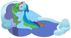 Size: 4735x2558 | Tagged: suggestive, artist:midnightamber, derpibooru import, rainbow dash, oc, oc:green thunder, alicorn, anthro, pegasus, plantigrade anthro, alicorn oc, big breasts, breast expansion, breast grab, breasts, busty rainbow dash, canon x oc, colored, comic, commission, eyes closed, flat colors, grope, growth, horn, huge breasts, image, impossibly large breasts, kissing, long hair, never doubt blaa6 involvement, nudity, partial nudity, png, simple background, transparent background, wings