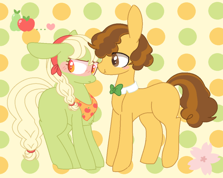 Size: 1046x834 | Tagged: safe, artist:sakurainu2715, derpibooru import, grand pear, granny smith, pony, abstract background, blushing, bowtie, female, image, male, pearsmith, png, shipping, straight, young grand pear, young granny smith, younger