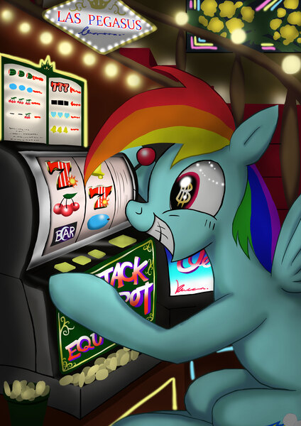 Size: 2480x3508 | Tagged: safe, artist:neoshrek, derpibooru import, rainbow dash, pegasus, pony, casino, dollar sign eyes, female, gambling, grin, image, jpeg, las pegasus, mare, slot machine, smiling, solo, this will end in gambling addiction, wingding eyes