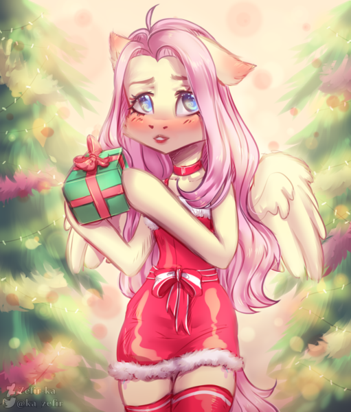 Size: 1960x2300 | Tagged: safe, artist:zefirka, derpibooru import, fluttershy, pegasus, semi-anthro, blushing, choker, christmas, christmas tree, clothes, female, floppy ears, holiday, image, light, png, present, skirt, socks, solo, spread wings, thigh highs, tree, wings, zettai ryouiki