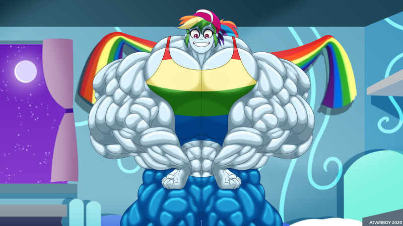 Size: 1920x1080 | Tagged: suggestive, artist:atariboy2600, derpibooru import, rainbow dash, equestria girls, baseball cap, big breasts, breasts, buff breasts, busty rainbow dash, cap, flexing, grin, hat, huge breasts, image, impossibly large breasts, looking at you, muscles, overdeveloped muscles, png, rainbow dash's bedroom, rainbuff dash, smiling, tight clothing, window