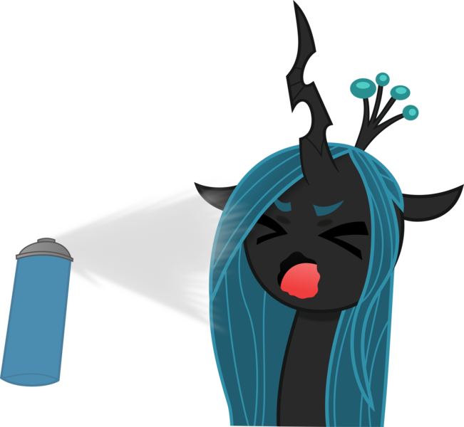 Size: 3119x2874 | Tagged: safe, artist:anime-equestria, derpibooru import, edit, queen chrysalis, changeling, changeling queen, adorable distress, anime, bugs doing bug things, bug spray, cute, derpibooru exclusive, eyes closed, female, horn, image, open mouth, png, scene interpretation, simple background, solo, spray, spray can, transparent background, vector, wavy mouth, zombieland saga