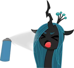 Size: 3119x2874 | Tagged: safe, artist:anime-equestria, derpibooru import, edit, queen chrysalis, changeling, changeling queen, adorable distress, anime, bugs doing bug things, bug spray, cute, derpibooru exclusive, eyes closed, female, horn, image, open mouth, png, scene interpretation, simple background, solo, spray, spray can, transparent background, vector, wavy mouth, zombieland saga
