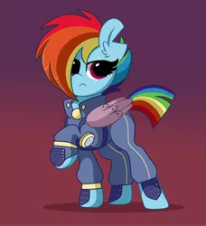 Size: 3732x4096 | Tagged: safe, artist:kittyrosie, derpibooru import, rainbow dash, pony, the cutie re-mark, alternate timeline, amputee, apocalypse dash, armor, artificial wings, augmented, badass, clothes, crystal war timeline, female, frown, glare, gradient background, image, jpeg, prosthetic limb, prosthetic wing, prosthetics, scar, simple background, solo, torn ear, uniform, wings