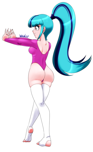 Size: 2952x4805 | Tagged: suggestive, artist:danmakuman, derpibooru import, sonata dusk, equestria girls, ass, breasts, butt, clothes, female, gymnastics, human coloration, image, leotard, png, simple background, smiling, socks, solo, sonata donk, stockings, thigh highs, thong leotard, toeless stockings, transparent background