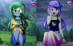 Size: 986x625 | Tagged: safe, artist:the-butch-x, derpibooru import, edit, snow flower, wallflower blush, equestria girls, equestria girls series, forgotten friendship, let it rain, sunset's backstage pass!, spoiler:eqg series (season 2), butch's hello, clothes, cute, equestria girls logo, female, flowerbetes, headband, hello, hello x, image, jpeg, looking at you, midriff, rain, sleeveless, smiling, striped sweater, sweater, sweet dreams fuel, tanktop, wallflower and plants