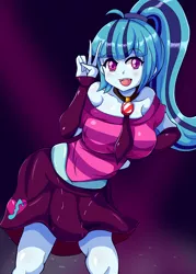 Size: 1500x2100 | Tagged: safe, artist:n00bultima, derpibooru import, sonata dusk, equestria girls, rainbow rocks, blushing, breasts, busty sonata dusk, clothes, cute, female, fingerless gloves, gloves, image, jewelry, looking at you, midriff, necklace, open mouth, peace sign, png, ponytail, skirt, solo, sonatabetes