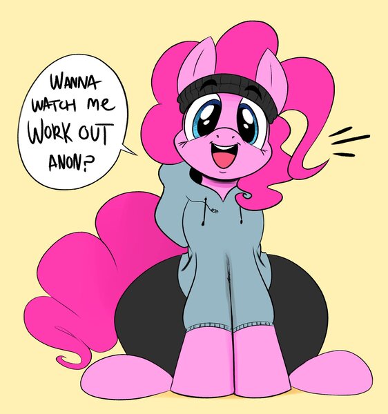 Size: 1874x2000 | Tagged: safe, artist:ota, derpibooru import, pinkie pie, pony, clothes, dialogue, hoodie, image, jpeg, looking at you, open mouth, pants, ponk, simple background, sitting, solo, speech bubble, sweatband, yellow background, yoga pants