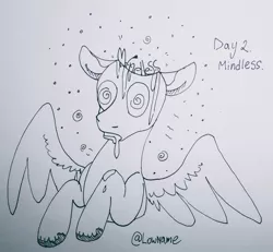 Size: 2048x1890 | Tagged: semi-grimdark, artist:lowname, derpibooru import, oc, unofficial characters only, pegasus, pony, brain, bust, drool, image, inktober, inktober 2019, jpeg, pegasus oc, signature, solo, swirly eyes, traditional art, unshorn fetlocks, wings