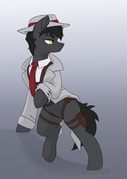Size: 2480x3508 | Tagged: safe, artist:arctic-fox, derpibooru import, oc, oc:hard boiled, unofficial characters only, earth pony, pony, fanfic:starlight over detrot: a noir tale, clothes, coat, detective, hat, holster, image, jpeg, necktie, solo