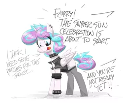Size: 2968x2533 | Tagged: safe, artist:flutterthrash, derpibooru import, princess flurry heart, alicorn, bracelet, choker, clothes, dialogue, emo, female, high res, image, jacket, leather jacket, offscreen character, png, princess emo heart, socks, solo, spiked choker, spiked wristband, stockings, text, thigh highs, wristband