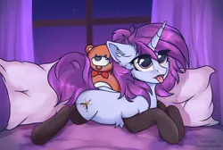 Size: 2600x1750 | Tagged: safe, artist:lakunae, derpibooru import, oc, oc:lakunae, unofficial characters only, pony, unicorn, bed, clothes, ear fluff, female, image, mare, night, pillow, png, progress, socks, solo, stockings, thigh highs