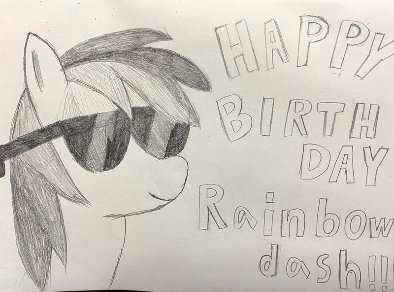 Size: 2048x1516 | Tagged: safe, artist:maud_pie_s4, derpibooru import, rainbow dash, pegasus, pony, bust, happy birthday, image, jpeg, monochrome, portrait, rainbow dash day, rainbow dash's birthday, solo, sunglasses, traditional art