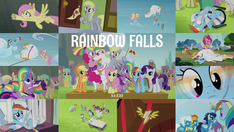 Size: 1980x1115 | Tagged: safe, derpibooru import, edit, edited screencap, editor:quoterific, screencap, applejack, brolly, bulk biceps, cloud kicker, cool star, derpy hooves, dizzy twister, fleetfoot, fluttershy, hermes (character), merry may, orange swirl, pinkie pie, purple waters, rainbow dash, rarity, soarin', spitfire, spring melody, sprinkle medley, starburst (character), sunshower raindrops, thorn (character), twilight sparkle, warm front, whitewash, alicorn, rainbow falls, cheerleader, cheerleader outfit, cheerleader pinkie, cheerleader sparkle, clothes, image, mane six, png, the grey one's glorious return, twilight sparkle (alicorn), wheelchair, wonderbolt badge