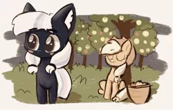 Size: 1080x689 | Tagged: safe, artist:kusochekcat, derpibooru import, applejack, oc, oc:silverlay, earth pony, original species, pony, apple, apple basket, apple tree, basket, blushing, content, duo, food, image, jpeg, sitting, standing, tree, umbra pony