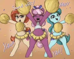 Size: 2500x2000 | Tagged: suggestive, alternate version, artist:t72b, derpibooru import, cheerilee, lighthoof, shimmy shake, earth pony, pony, armpits, bedroom eyes, belly button, bipedal, bottomless, cheerileeder, cheering, cheerleader, cheerleader outfit, clothes, confetti, eyes closed, featureless crotch, female, image, mare, open mouth, partial nudity, png, pom pom, simple background, skirt, skirt flip, text, trio