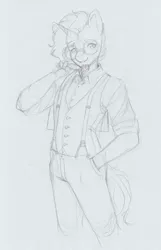 Size: 1079x1677 | Tagged: safe, artist:longinius, derpibooru import, sunburst, anthro, clothes, facial hair, glasses, hand in pocket, image, jpeg, looking at you, male, sketch, solo, suspenders, traditional art, vest