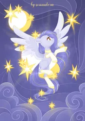 Size: 2500x3565 | Tagged: safe, artist:sonnatora, derpibooru import, oc, unofficial characters only, pegasus, pony, clothes, crying, flying, image, jewelry, jpeg, moon, necklace, night, socks, solo, stars