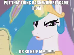 Size: 457x342 | Tagged: safe, derpibooru import, edit, edited screencap, screencap, princess celestia, alicorn, pony, the crystal empire, angry, caption, celestia is not amused, feather, female, frown, glowing horn, horn, image, image macro, jewelry, looking at you, looking back, magic, monsters inc., open mouth, png, reference, solo, telekinesis, text, tiara, unamused