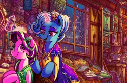 Size: 4481x2920 | Tagged: safe, artist:jowybean, derpibooru import, starlight glimmer, trixie, pony, unicorn, book, clothes, detailed background, dress, female, flower, flower in hair, gala dress, glowing horn, hair spray, high res, horn, image, indoors, jewelry, lidded eyes, magic, mare, necklace, open mouth, plushie, png, smiling, telekinesis
