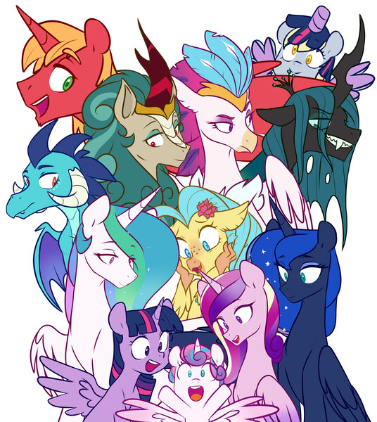 Size: 4841x5415 | Tagged: safe, alternate version, artist:chub-wub, derpibooru import, big macintosh, derpy hooves, princess cadance, princess celestia, princess ember, princess flurry heart, princess luna, princess skystar, queen chrysalis, queen novo, rain shine, twilight sparkle, twilight sparkle (alicorn), alicorn, changeling, changeling queen, dragon, hippogriff, kirin, pegasus, pony, my little pony: the movie, alicorn costume, alicorn pentarchy, alicornified, baby, clothes, costume, cute, fake horn, fake wings, female, flurrybetes, image, jpeg, mare, nightmare night costume, one of these things is not like the others, open mouth, princess big mac, princess derpy, race swap, royal sisters, siblings, simple background, sisters, toilet paper roll, toilet paper roll horn, twilight muffins, white background, wig