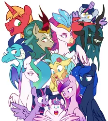 Size: 4841x5415 | Tagged: safe, alternate version, artist:chub-wub, derpibooru import, big macintosh, derpy hooves, princess cadance, princess celestia, princess ember, princess flurry heart, princess luna, princess skystar, queen chrysalis, queen novo, rain shine, twilight sparkle, twilight sparkle (alicorn), alicorn, changeling, changeling queen, dragon, hippogriff, kirin, pegasus, pony, my little pony: the movie, alicorn costume, alicornified, alicorn pentarchy, baby, clothes, costume, cute, fake horn, fake wings, female, flurrybetes, image, jpeg, mare, nightmare night costume, one of these things is not like the others, open mouth, princess big mac, princess derpy, race swap, royal sisters, siblings, simple background, sisters, toilet paper roll, toilet paper roll horn, twilight muffins, white background, wig