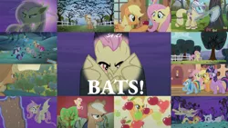 Size: 1986x1117 | Tagged: safe, derpibooru import, edit, edited screencap, editor:quoterific, screencap, applejack, fluttershy, pinkie pie, rainbow dash, rarity, spike, twilight sparkle, twilight sparkle (alicorn), alicorn, bat, bat pony, earth pony, fruit bat, pegasus, pony, unicorn, vampire fruit bat, bats!, apple, apple tree, bat ponified, female, flutterbat, food, golden oaks library, hazmat suit, image, library, mane six, mare, png, race swap, tree