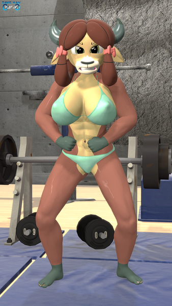 Size: 1080x1920 | Tagged: suggestive, artist:daveman1000, derpibooru import, yona, anthro, plantigrade anthro, yak, 3d, abs, angry, barbell, barefoot, big breasts, bikini, breasts, busty yona, clothes, feet, female, fit, flexing, flexing muscles, gym, image, muscles, muscular female, png, solo, solo female, source filmmaker, sweat, swimsuit, weights, yonathletic