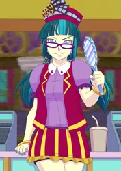Size: 1302x1841 | Tagged: safe, artist:brother-tico, derpibooru import, juniper montage, equestria girls, mirror magic, spoiler:eqg specials, beverage, buttons, canterlot mall, cash register, clothes, collar, counter, devious smile, drink, female, film reel, glasses, gold, image, jpeg, legs, looking at you, mirror, painted nails, raised eyebrows, shirt, short sleeves, skirt, sleeveless, solo, straw, theater, uniform, wristband