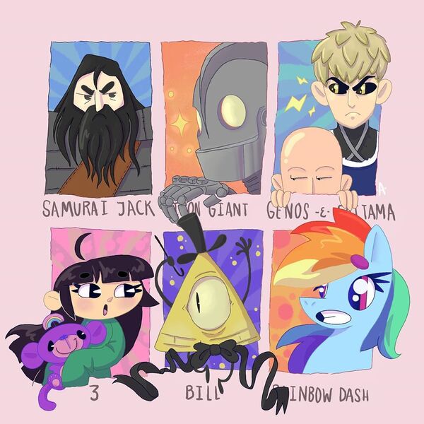 Size: 1080x1080 | Tagged: safe, artist:andreangeljllo, derpibooru import, rainbow dash, human, pegasus, pony, six fanarts, bald, beard, bill cipher, bust, crossover, eyelashes, facial hair, female, gravity falls, grin, image, jpeg, male, mare, one punch man, samurai jack, smiling, the iron giant