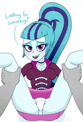 Size: 1563x2297 | Tagged: suggestive, artist:notenoughapples, derpibooru import, sonata dusk, oc, equestria girls, bedroom eyes, blushing, breasts, cameltoe, choker, cleavage, clothes, dialogue, faceless male, female, image, lidded eyes, looking at you, male, male pov, offscreen character, panties, png, ponytail, pov, simple background, skirt, spread legs, spreading, stupid sexy sonata dusk, thighs, underwear, upskirt, white background