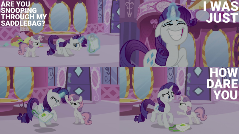 Size: 1986x1117 | Tagged: safe, derpibooru import, edit, edited screencap, editor:quoterific, screencap, rarity, sweetie belle, pony, unicorn, ponyville confidential, angry, bag, bipedal, duo, duo female, eyes closed, female, floppy ears, glowing horn, gritted teeth, horn, image, magic, magic aura, nervous, png, saddle bag, solo