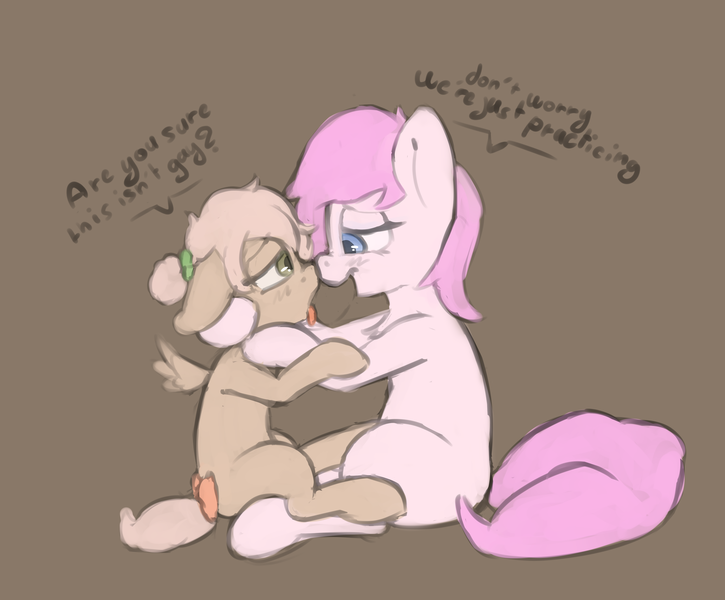 Size: 3908x3232 | Tagged: suggestive, artist:maxisb8, derpibooru import, oc, oc:kayla, oc:mary jane, earth pony, pegasus, pony, age difference, bow, dialogue, drool, drool string, duo, female, filly, foalcon, hair bun, image, kayry, kissing, lesbian, mare, oc x oc, png, shipping, tail bow, text, tongue out, underage