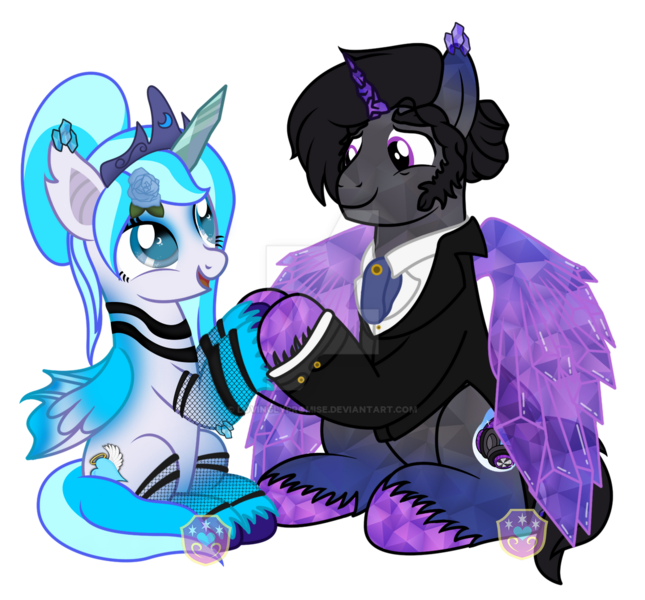 Size: 1280x1190 | Tagged: safe, artist:lovinglypromise, derpibooru import, oc, oc:aki, oc:gladius, unofficial characters only, crystal pony, pony, crown, crystal horn, crystal wings, female, fishnets, horn, image, jewelry, male, mare, png, regalia, simple background, stallion, transparent background, wings