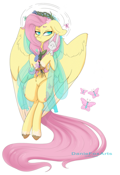 Size: 1280x1862 | Tagged: safe, artist:daniefox, derpibooru import, angel bunny, fluttershy, pegasus, pony, rabbit, animal, colored pupils, flower, image, looking at you, png, simple background, transparent background, watermark