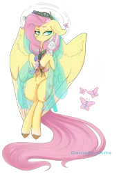 Size: 1280x1862 | Tagged: safe, artist:daniefox, derpibooru import, angel bunny, fluttershy, pegasus, pony, rabbit, animal, colored pupils, flower, image, looking at you, png, simple background, transparent background, watermark