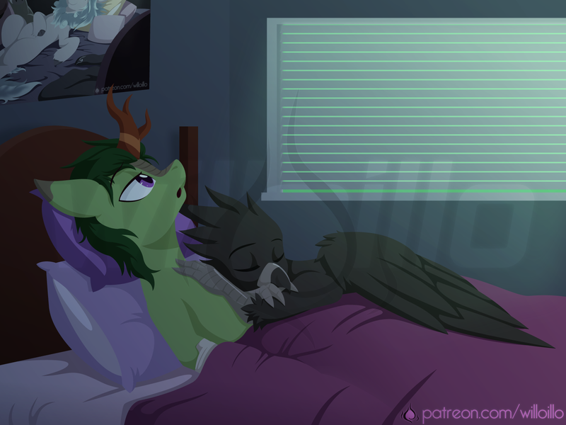 Size: 1600x1200 | Tagged: safe, artist:willoillo, derpibooru import, kirin oc, oc, oc:grass cutter, oc:will, unofficial characters only, gryphon, kirin, bed, commission, griffon oc, image, png, sierra nevada