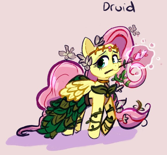 Size: 2048x1900 | Tagged: safe, artist:cosmicrewinds, derpibooru import, fluttershy, pegasus, pony, clothes, cute, dress, druid, dungeons and dragons, eyeshadow, fantasy class, female, flower, flower in hair, flutterdruid, glow, image, jpeg, looking at you, magic, makeup, mare, mouth hold, ogres and oubliettes, pen and paper rpg, pink background, plant, raised hoof, rpg, shyabetes, simple background, smiling, solo, vine, wand