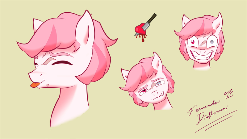 Size: 10887x6125 | Tagged: safe, alternate version, artist:fernandojc-draftsman, derpibooru import, oc, unofficial characters only, earth pony, pony, :p, brown background, bust, earth pony oc, eyes closed, grin, heterochromia, image, jpeg, male, signature, simple background, smiling, stallion, tongue out