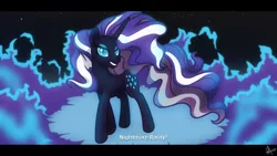 Size: 1920x1080 | Tagged: safe, artist:whitequartztheartist, derpibooru import, idw, nightmare rarity, pony, unicorn, blue fire, image, magic, night, png, shadows, smiling, solo, subtitles
