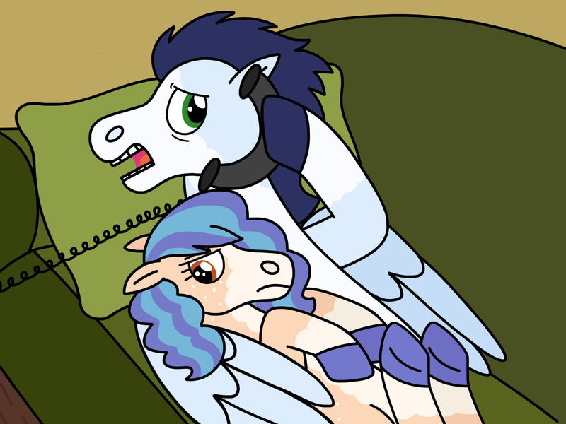 Size: 2048x1536 | Tagged: safe, artist:kindheart525, derpibooru import, soarin', oc, oc:summer beauty, pegasus, pony, auraverse, couch, father and child, father and daughter, female, image, lying down, male, offspring, parent:applejack, parent:soarin', parents:soarinjack, pillow, png, story included, telephone