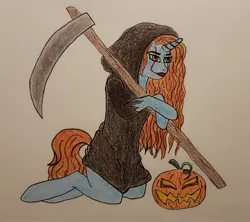 Size: 2453x2177 | Tagged: safe, artist:zosma-art, derpibooru import, oc, oc:vega, pony, unicorn, clothes, colored pencil drawing, costume, female, halloween, halloween costume, holiday, image, jpeg, mare, pumpkin, solo, traditional art