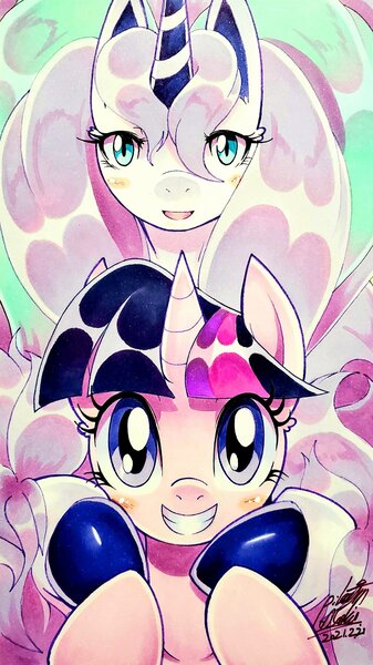 Size: 1149x2048 | Tagged: safe, artist:025aki, derpibooru import, twilight sparkle, galarian rapidash, pony, rapidash, unicorn, bust, crossover, duo, duo female, female, image, jpeg, mare, pokémon, portrait, smiling