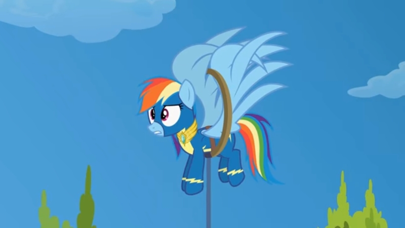 Size: 1280x720 | Tagged: safe, artist:agrol, derpibooru import, rainbow dash, pegasus, amulet, amulet of wings, artificial wings, augmented, bandage, bandaged wing, choose your wings, clothes, concerned, hoop, image, jewelry, jpeg, magic, magic wings, solo, stuck, uniform, wings, wonderbolts uniform