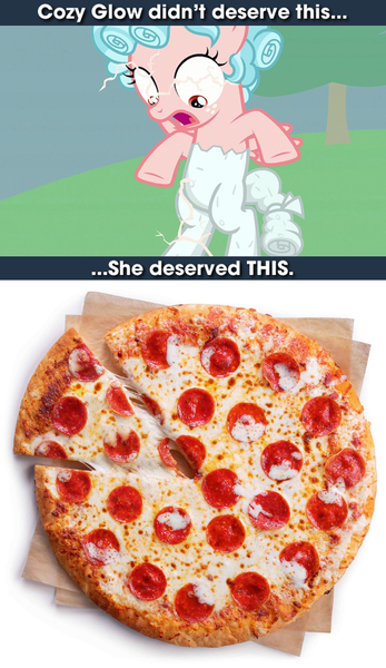 Size: 1204x2084 | Tagged: safe, derpibooru import, edit, edited screencap, screencap, cozy glow, pegasus, pony, the ending of the end, a better ending for cozy, cheese pizza, cozy deserved this, discussion in the comments, female, filly, food, image, petrification, pizza, png