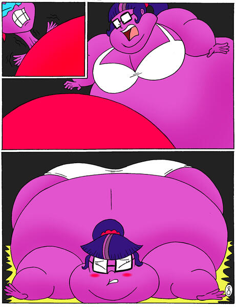 Size: 1696x2208 | Tagged: questionable, artist:robot001, derpibooru import, sci-twi, twilight sparkle, comic:sparkle multiverse, equestria girls, bbw, black background, bra, breasts, busty twilight sparkle, clothes, comic, commission comic, commissioner:bluepufflextreme, crushed, falling, fat, female, image, inflation, jpeg, midnight sparkle, morbidly obese, obese, one-piece swimsuit, panties, sci-twilard, simple background, stumbling, swimsuit, trapped, twilard sparkle, twolight, underwear, weight gain