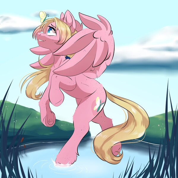 Size: 3000x3000 | Tagged: safe, artist:missclaypony, artist:starstruckame, derpibooru import, oc, oc:mio, unofficial characters only, butterfly, insect, pegasus, pony, bipedal, body freckles, butterfly on nose, female, freckles, frog (hoof), image, insect on nose, jpeg, looking up, mare, pond, solo, underhoof, water