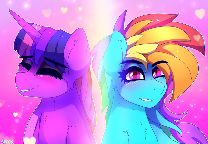 Size: 2732x1897 | Tagged: safe, artist:aaa-its-spook, derpibooru import, rainbow dash, twilight sparkle, blushing, female, image, jpeg, lesbian, shipping, twidash