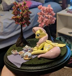 Size: 578x606 | Tagged: safe, artist:blackdawnyaoilover, derpibooru import, fluttershy, pegasus, pony, cake, cookie, craft, cup, food, image, irl, jpeg, lying down, photo, picnic, sculpture, side, solo, teacup, teapot, traditional art